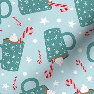 Hot Cocoa Pattern, Festive Pattern, Holiday Pattern, Blue, Candy Cane Pattern, Christmas Pattern, Food, Novelty Pattern,  Cute Pattern, Hot Chocolate Pattern