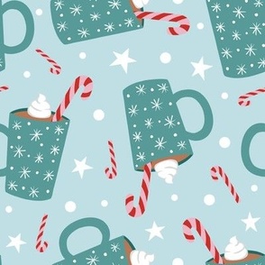 Hot Cocoa Pattern, Festive Pattern, Holiday Pattern, Blue, Candy Cane Pattern, Christmas Pattern, Food, Novelty Pattern,  Cute Pattern, Hot Chocolate Pattern