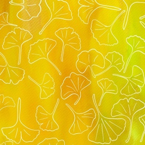 Gingko leaves white lines on golden watercolor background