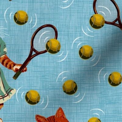 Weird Ginger Cats Playing Tennis, Childrens Girl Cats Bedroom, Funny Childrens Decor, Quirky Surrealist Cats, Kids Surrealism, Mid Sky Blue Linen Texture Background