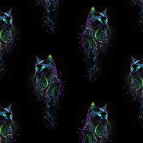 psychedelic bioluminescent iridescent futuristic cyber matrix colorful cat on black