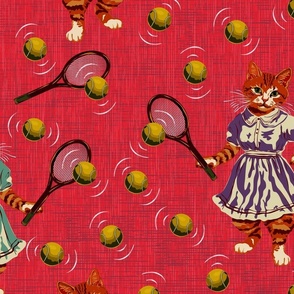 Hand Drawn Childrens Green Blue Eyed Cats, Vintage Sporty Cats, Red Blue Ginger Kitties, Orange Girl Cat Pattern, Kittens Playing Tennis Sports Game on Red