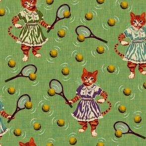 Louis Wain Style Character Cats, Green Animated Cat Pattern, Kitsch Cats & Kitsch Kittens, Unusual Kittens Playing Ball, Tennis Ball Game, Vintage Kids Design, Kitsch Kid Cat Playing Tennis, Tennis Sportswear on Green Background