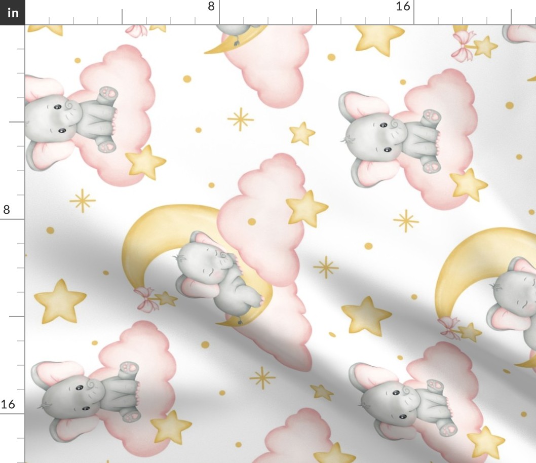 Baby Pink Elephant Moon Clouds Stars Girl Nursery Rotated 