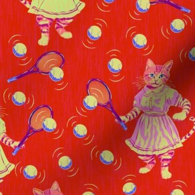 Kitsch Cats Kitsch Kittens, Kitsch Animal Pattern, Colorful Lime Lemon Yellow Polka Dots Tennis Balls, Vintage Cat in Pink Girls Dress, Retro Tennis Pattern on Red Background