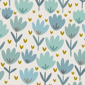 Muted Blue and Green Flower Patch - neutral floral fabric, baby girl fabric, green and blue flower fabric, summer baby print – Large scale