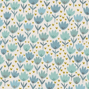 Muted Blue and Green Flower Patch - neutral floral fabric, baby girl fabric, green and blue flower fabric, summer baby print – Small scale