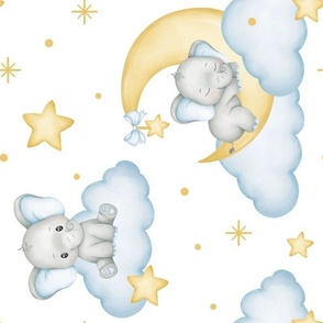 Baby Blue Elephant Moon Clouds Stars Boy Nursery Rotated