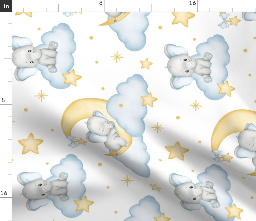 Baby Blue Elephant Moon Clouds Stars Boy Nursery Rotated