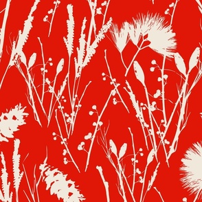 Large scale traditional heritage bloom floral in Pantone Pristine and scarlet red.