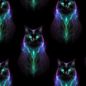 psychedelic bioluminescent iridescent futuristic cyber matrix colorful cat on black