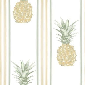 Watercolor Ticking Stripes and Pineapples in Sage Green, cream, and Yellow
