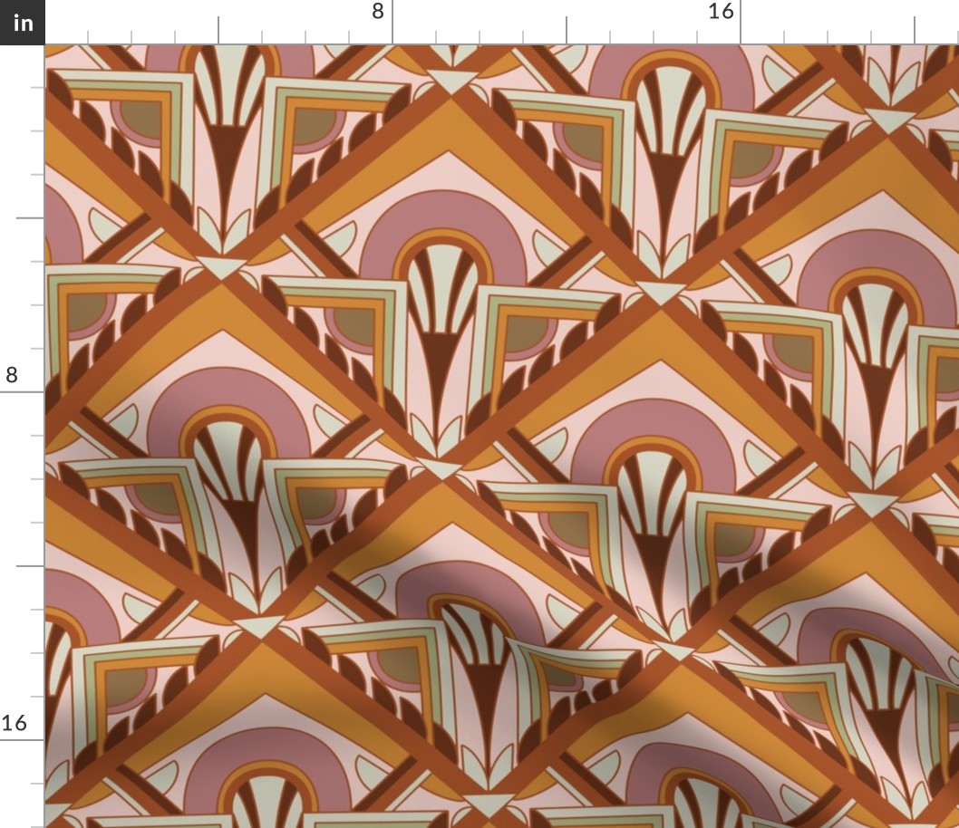 Larger Scale // Geometric Abstract Art Deco in Dusty Pink and Goldenrod, Light Green & Burgundy
