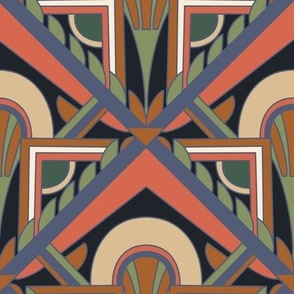 Larger Scale // Geometric Abstract Art Deco in Coral Red and Blue, Green, Rust & Cream on Black