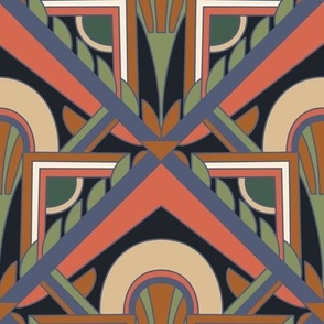 Large Scale // Geometric Abstract Art Deco in Coral Red and Blue, Green, Rust & Cream on Black