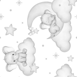 Baby Elephant Moon Clouds Stars Nursery Grayscale Rotated 