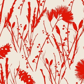 Large scale traditional heritage bloom floral in Pantone Pristine and scarlet red. 