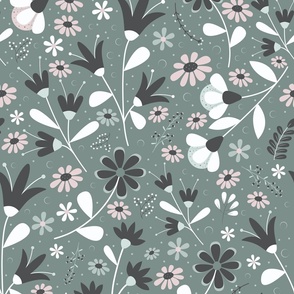 Welcoming Petals - Slate Green - Flowers - Florals - Nature - Daisies - Botanicals - Sophisticated - Bathroom Wallpaper