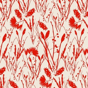 Medium scale traditional heritage bloom floral in Pantone Pristine and scarlet red. 