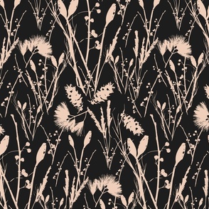 Medium scale traditional heritage bloom floral in dark midnight black and Pantone Peach Puree. 