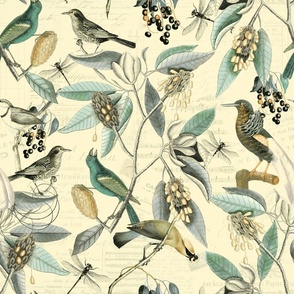 Vintage Magnolia Flowers And Birds Pattern Beige Teal Medium Scale