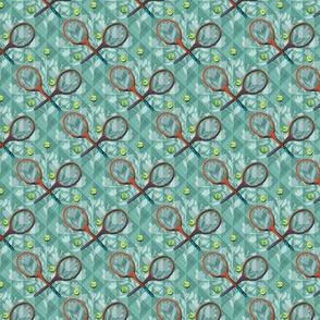 Small Tennis balls and rackets on teal geometric background with subtle floral motif