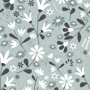 Welcoming Petals - Soft Sage, Charcoal Gray and White - Flowers - Florals - Nature - Daisies - Botanicals - Sophisticated - Bathroom Wallpaper