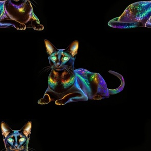 Abyssinian black cat glowing colors psychedelic bioluminescent iridescent futuristic cyber matrix