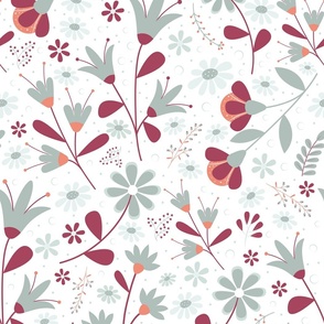 Welcoming Petals - Burgundy and Blue Gray - Flowers - Florals - Nature - Daisies - Botanicals - Sophisticated - Bathroom Wallpaper