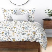 L - SLEEPY ELFIE from SWEET-DREAMS with little birds and blossoms in yellow grey and dark blue on a chite background