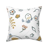 L - SLEEPY ELFIE from SWEET-DREAMS with little birds and blossoms in yellow grey and dark blue on a chite background