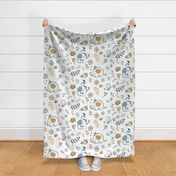 L - SLEEPY ELFIE from SWEET-DREAMS with little birds and blossoms in yellow grey and dark blue on a chite background