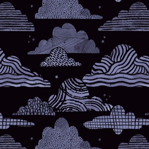 Graphic Clouds | Night Sky | Watercolor Black Grey Stars Plaid Stripes Waves Texture