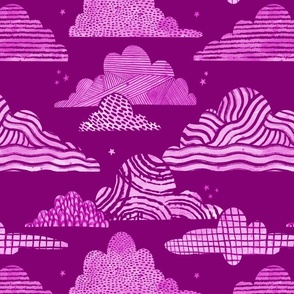 Graphic Clouds | Berry Sky | Watercolor Magenta Purple Stars Plaid Stripes Waves Texture
