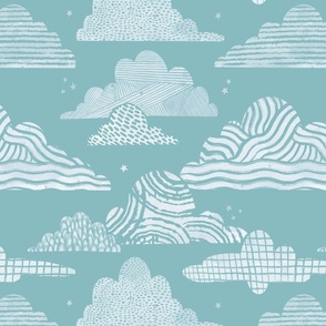 Graphic Clouds | Teal Sky | Watercolor Teal  Cream  Stars Plaid Stripes Waves Texture