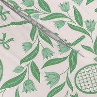 Badminton Racket Crest with Birdies and Flowers in Fresh Green