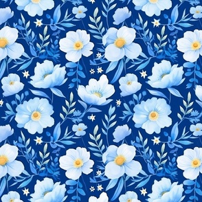Midnight Bloom Serenity - Sapphire Floral Fabric Design