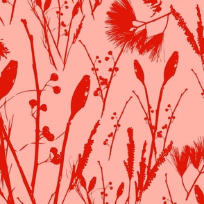 Large scale traditional heritage bloom floral in scarlet red and pink.