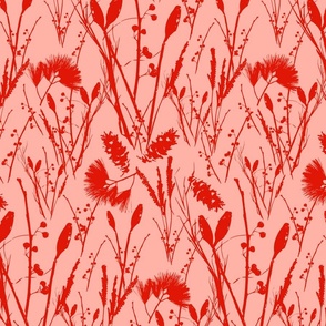 Medium scale traditional heritage bloom floral in scarlet red and pink.