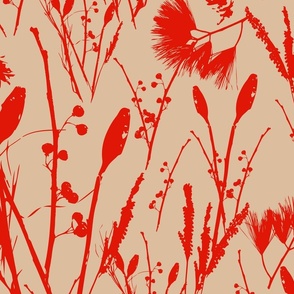  Large scale traditional heritage bloom floral in scarlet red and Pantone Honey Peach.