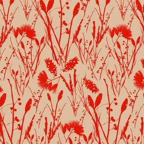 Medium scale traditional heritage bloom floral in scarlet red and Pantone Honey Peach.
