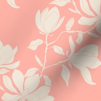 Large Cream Magnolia Flowers on peach pink  for Wallpaper or Home Decor