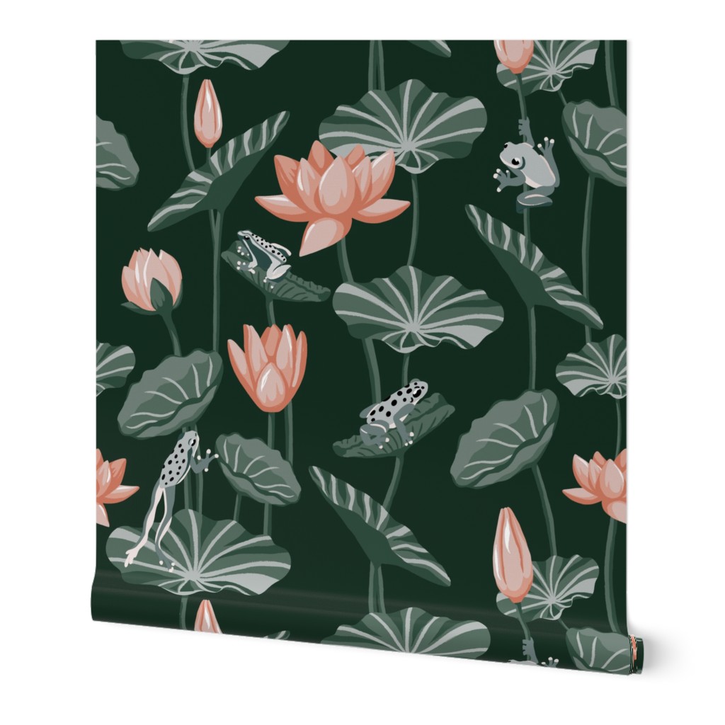 Frog pond with peach water lilies and sage green lily pads (large 21x 21)