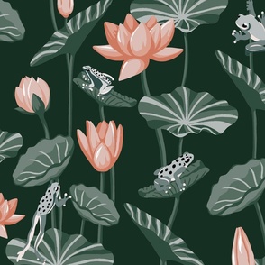 Frog pond with peach water lilies and sage green lily pads (large 21x 21)