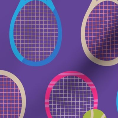 TENNIS RACKETS Court Sports Racquets and Balls in Fuchsia Pink Blue Cream Beige on Purple - MEDIUM Scale - UnBlink Studio by Jackie Tahara