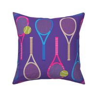 TENNIS RACKETS Court Sports Racquets and Balls in Fuchsia Pink Blue Cream Beige on Purple - MEDIUM Scale - UnBlink Studio by Jackie Tahara