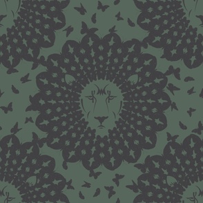 The Mane Event Lion with a Halo of Butterflies in Jungle Green