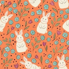 Small Easter Bunnies with Tulips and Blossoms on Orange