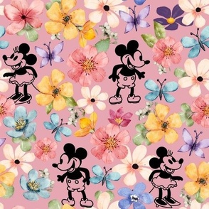 Bigger Classic Mickey and Minnie Watercolor Flower Garden