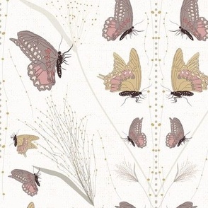 Butterflies Dots Grass Mirrored Gold Mauve Gray Medium Size